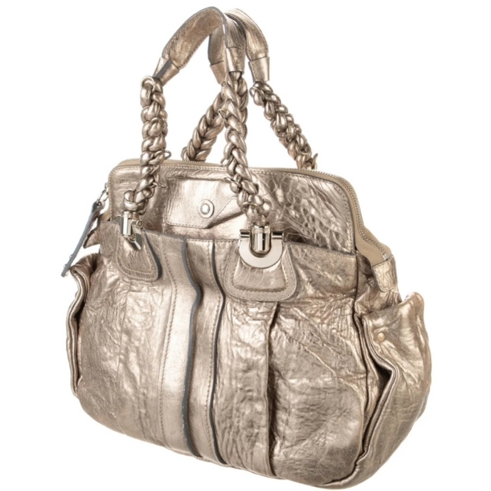 EUC Chloé XL Heloise Lambskin Leather Satchel with 3 Large Pockets, Gold